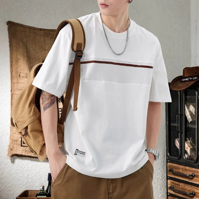 2026 Summer Appliques Patchwork Short Sleeve T-shirts For Men American-style Cotton Tshirt Casual Fashion Streetwear Clothes