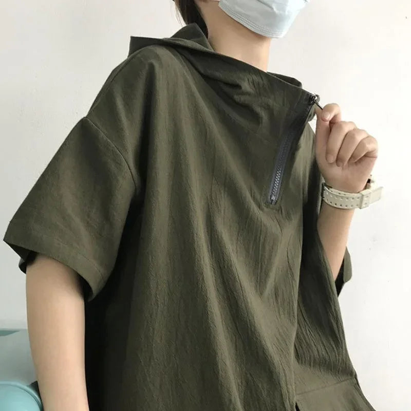 Summer Men's Vintage Short Sleeve Hooded T-Shirt Pocket Half Zip Cargo Tee Tops Solid Color Y2K Streetwear Pullover Tshirts