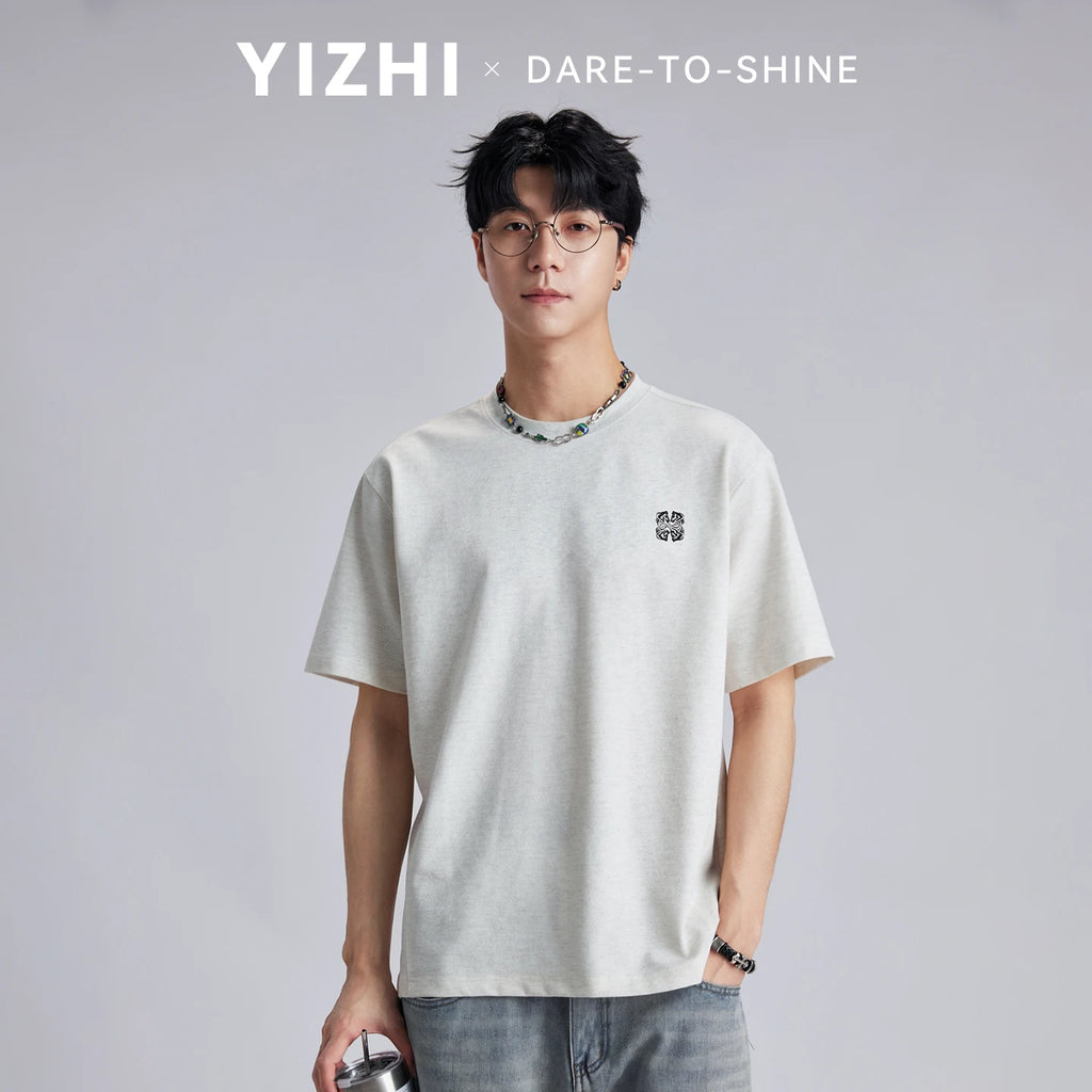 Fashion Men's 210g Heavyweight Embroidery T-shirt 2026 Summer Solid Color Loose Drop Shoulder Soft Casual Short Sleeve Tops