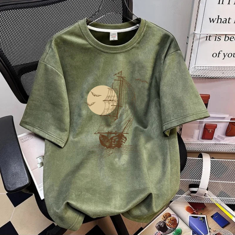 Summer 2026 New Suede Crew Neck T Shirts For Men Graphic Printed Short Sleeve T-Shirt Man Goth Fashion Y2K Streetwear Tee Tops