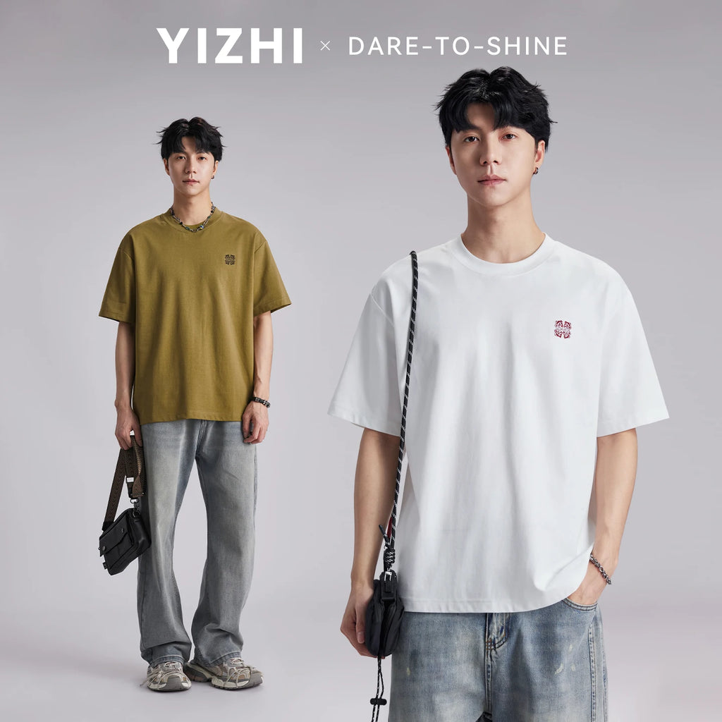 Fashion Men's 210g Heavyweight Embroidery T-shirt 2026 Summer Solid Color Loose Drop Shoulder Soft Casual Short Sleeve Tops
