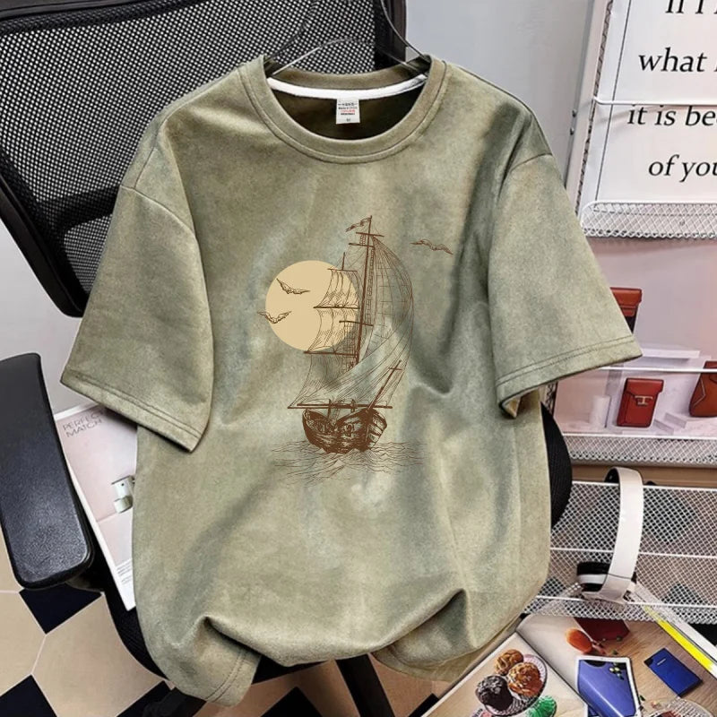 Summer 2026 New Suede Crew Neck T Shirts For Men Graphic Printed Short Sleeve T-Shirt Man Goth Fashion Y2K Streetwear Tee Tops
