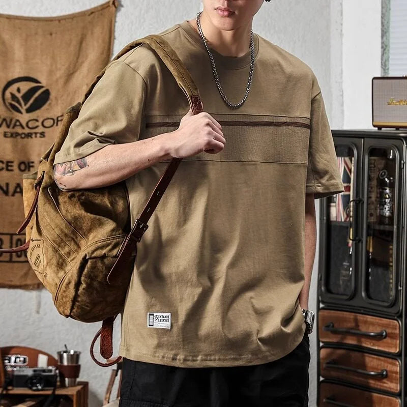2026 Summer Appliques Patchwork Short Sleeve T-shirts For Men American-style Cotton Tshirt Casual Fashion Streetwear Clothes