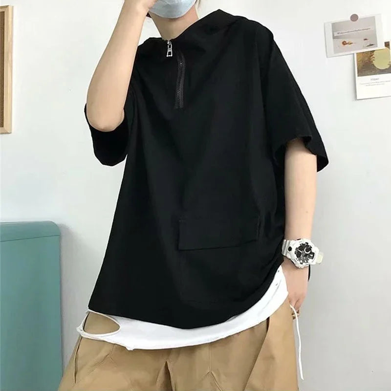 Summer Men's Vintage Short Sleeve Hooded T-Shirt Pocket Half Zip Cargo Tee Tops Solid Color Y2K Streetwear Pullover Tshirts