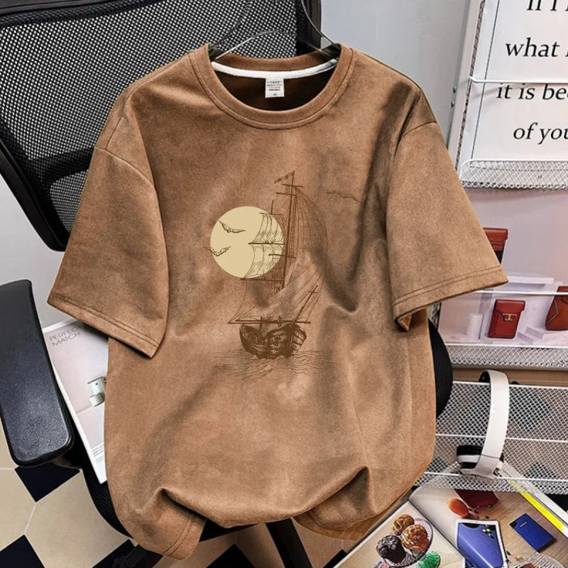 Summer 2026 New Suede Crew Neck T Shirts For Men Graphic Printed Short Sleeve T-Shirt Man Goth Fashion Y2K Streetwear Tee Tops