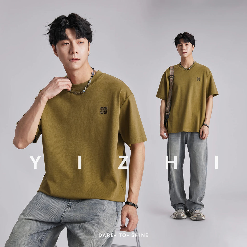 Fashion Men's 210g Heavyweight Embroidery T-shirt 2026 Summer Solid Color Loose Drop Shoulder Soft Casual Short Sleeve Tops