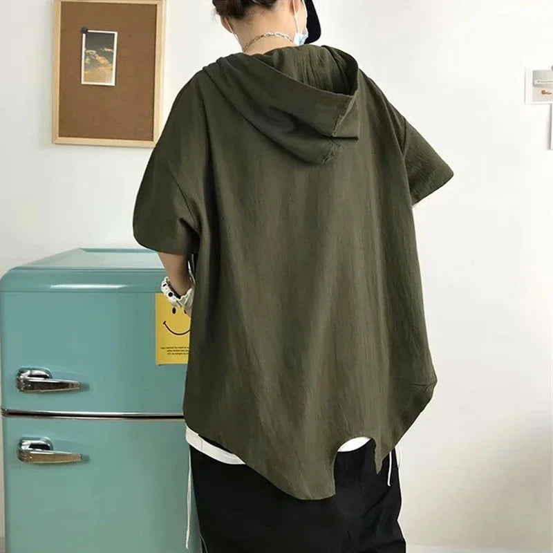 Summer Men's Vintage Short Sleeve Hooded T-Shirt Pocket Half Zip Cargo Tee Tops Solid Color Y2K Streetwear Pullover Tshirts